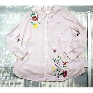 Susan Graver shirt womens 28w long sleeve stripe button up collared embroidered